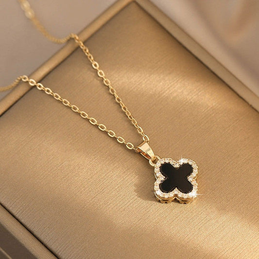 Four-Leaf Clover Black Stone Pendant Necklace