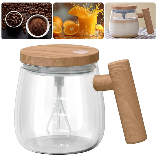 Automatic Mixing Cup – Self-Stirring Glass Mug with Wooden Handle & USB Rechargeable Lid