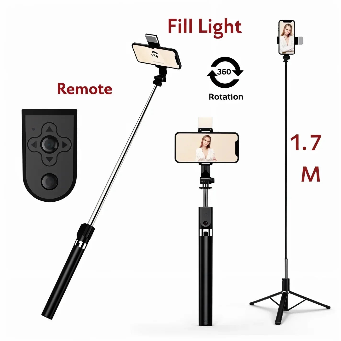4-in-1 Bluetooth Selfie Stick Tripod | Extendable Stand with Wireless Remote, LED Light & Camera Holder